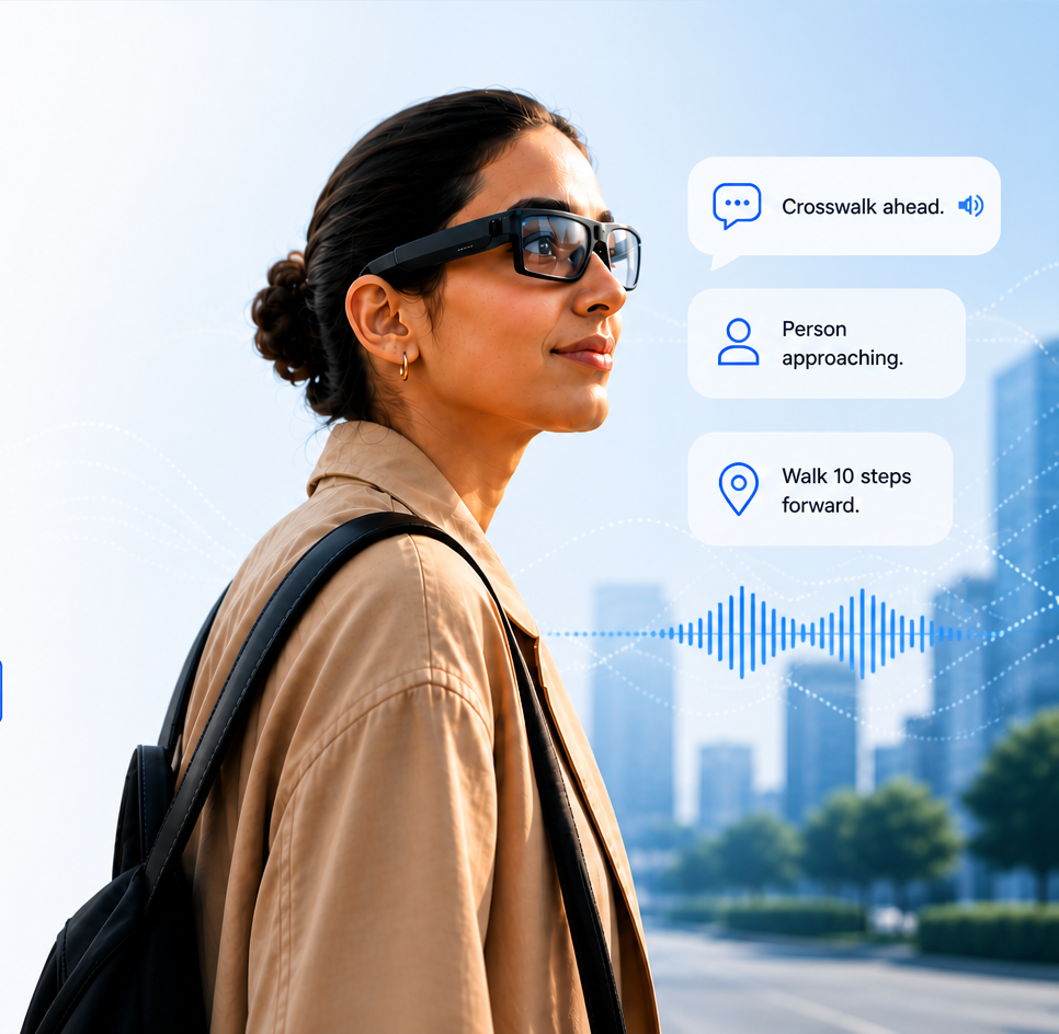 Person wearing smart glasses with AI accessibility interface elements