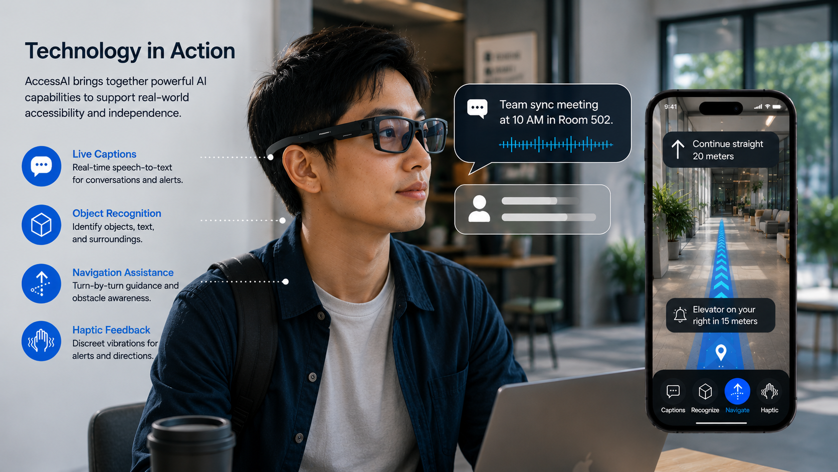 AccessAI concept showing smart glasses, phone navigation, captions, object recognition, and haptic support