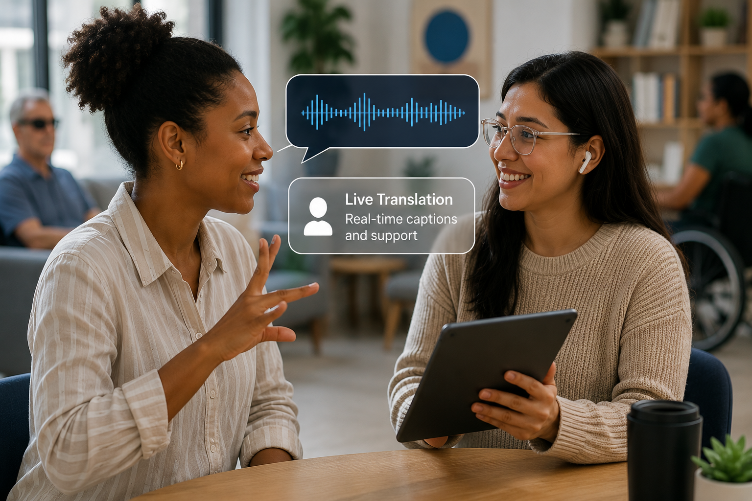 AI accessibility concept showing real-time conversation support between two people
