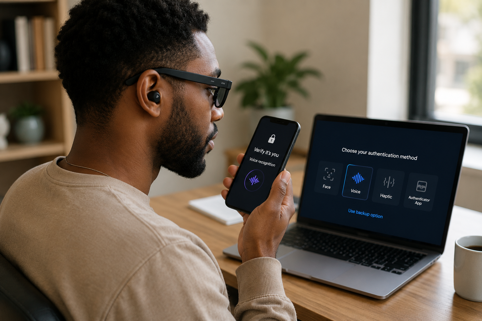 A person using voice-based authentication with a phone and laptop