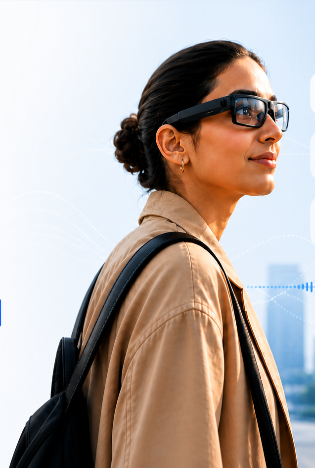 Conceptual photo illustration of a person wearing smart glasses outdoors
